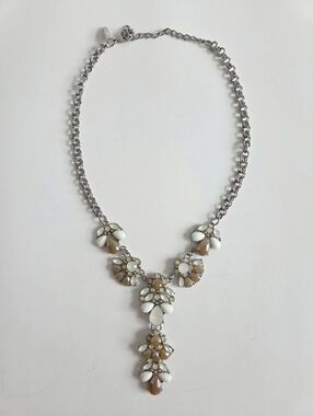 New York & Company White and Taupe Statement Y-Necklace With Silver Chain